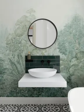 Teal Misty Nature Art Mural Creating Tranquil Atmosphere