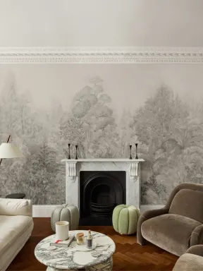 Papier peint panoramique botanique nature Bosquet brumeux beige