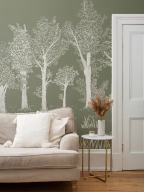 Green Illustrated Traditional European Forest Mural
