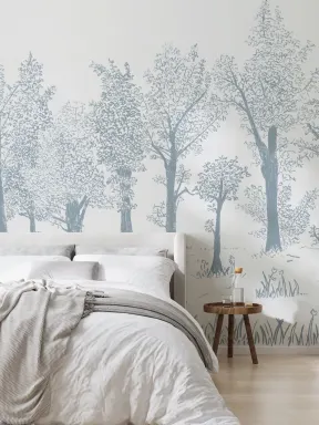Blue Illustrated Traditional European Forest Mural