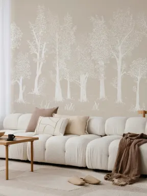 Papier Peint Panoramique Beige Illustré Traditionnel Européen Forêt