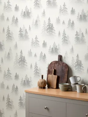 Papier Peint Panoramique avec Motifs de Bouleaux Gris à l’Aquarelle