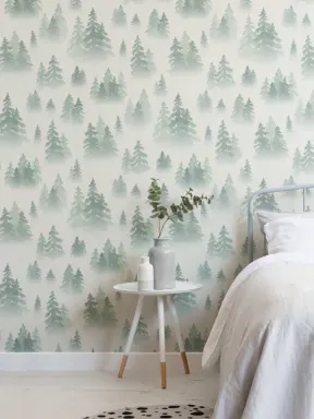 Green Watercolor Birch Tree Forest Wallpaper Mural