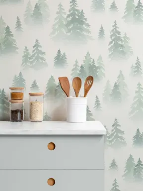 Papier Peint Panoramique avec Motifs de Bouleaux Verts à l’Aquarelle