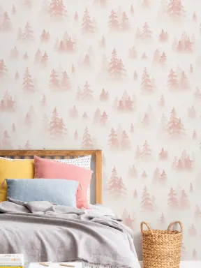 Mural Papel Pintado con Abedules Rosa en Acuarela