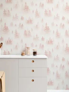 Papier Peint Panoramique avec Motifs de Bouleaux Roses à l’Aquarelle