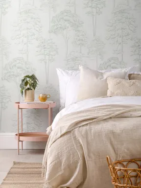 Green Illustrated Trees Repeat Pattern Wallpaper