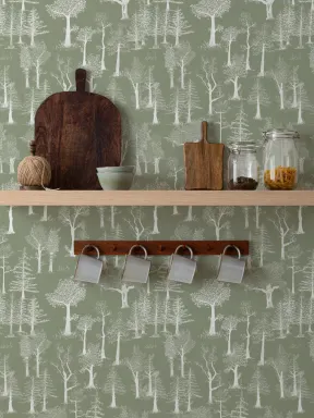 Papier peint forestier traditionnel vert illustré