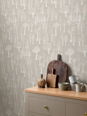 Beige Illustré Papier peint forestier traditionnel