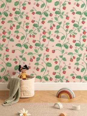 Beige Vintage akvarell jordgubbar och lövverk tapet