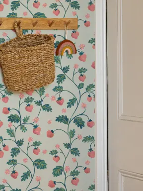 Papel pintado Acuarela azul vintage Fresa y follaje
