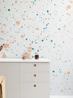 Papier Peint Panoramique Éclaboussé de Peinture en Pêche et Turquoise
