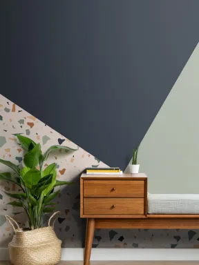 Papier Peint Panoramique Forme Géométrique avec Triangles en Bleu Vert et Motif Terrazzo
