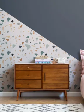 Green, Navy & Orange Terrazzo Geometric Prism Wallpaper Mural