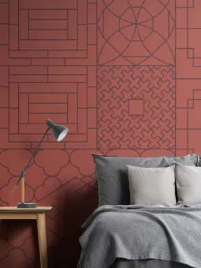 Carta da Parati Forme Geometriche in Stile Cinese in Rosso