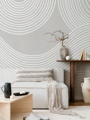 Papier Peint Style Japonais Gris avec Lignes Courbes