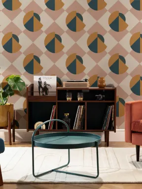Papier Peint Géométrique Memphis à Motifs en Rose et Jaune Ocre