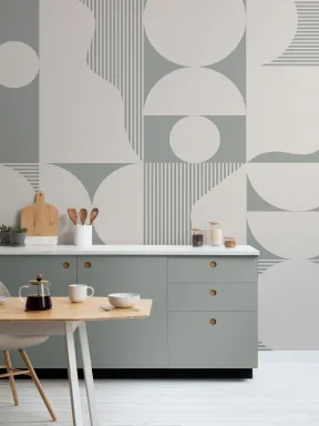 Papier Peint Panoramique Vert et Beige avec Formes Géométriques Douces