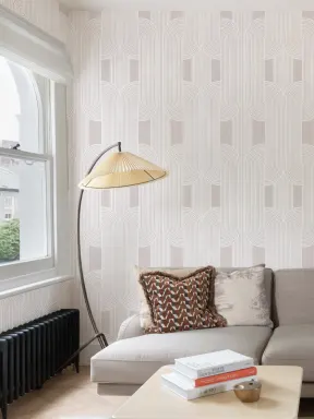 Papier Peint Beige à Motifs de Lignes Courbes Entrelacées Blanches