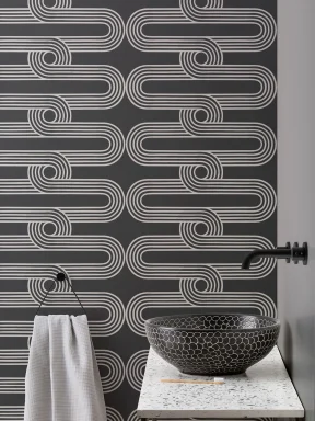 Black & White Stripes and Curves Repeat Pattern Wallpaper