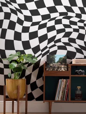 Papier peint Panoramique Noir et Blanc à Motif en Damier Ondulé