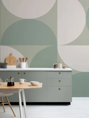 Papier Peint Panoramique Demi-Cercles Rétro en Vert et Beige