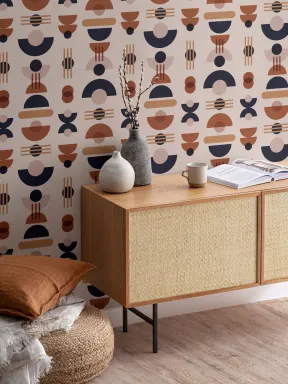 Neutral & Navy Mid Century Modern Geometric Repeat Pattern Wallpaper