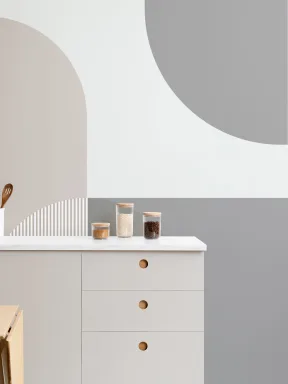 Graue skandi Fototapete mit geometrischen Formen und neutralen Farben
