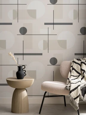 Carta da Parati Beige con Motivo di Geometrie in Stile Mid Century