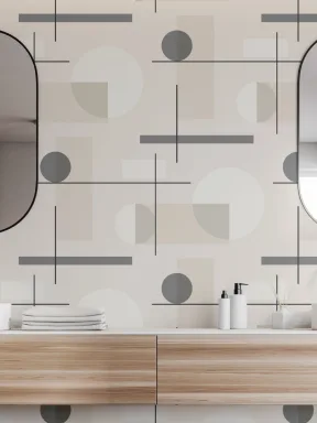 Papier Peint Mid Century en Beige à Motifs de Formes Géométriques