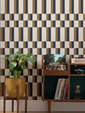 Musztardowa i granatowa tapeta Bauhaus Geometric Retro Repeat Pattern