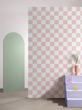 Pink and White Chequerboard Squares Repeat Pattern Wallpaper