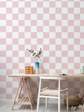 Papier Peint Damier à Motifs Répétés en Blanc et Rose