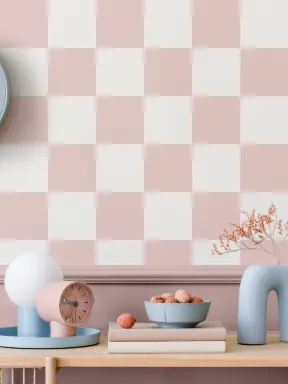 Papier Peint Damier à Motifs Répétés en Blanc et Rose