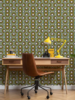 Papier Peint Vert et Brun des Années 70 avec Motif Rond