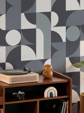 Blue Mid-Century Geometric Collage Wall Mural