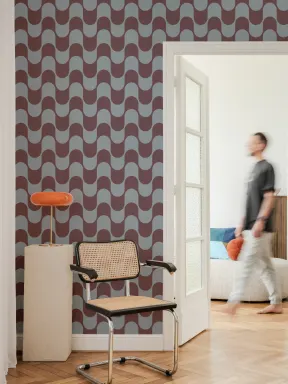 Blue & Burgundy Retro Wavy Striped Wallpaper