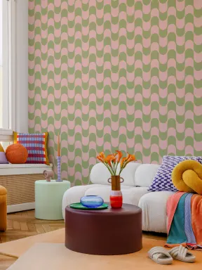 Pink & Green Retro Wavy Striped Wallpaper