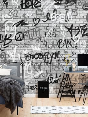 Monochrome NYC Graffiti Brick Wall Wallpaper Mural