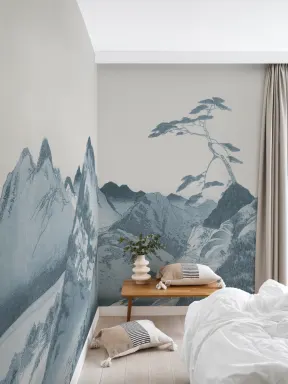 Blue Japanese Mountain Landscape Art Mural