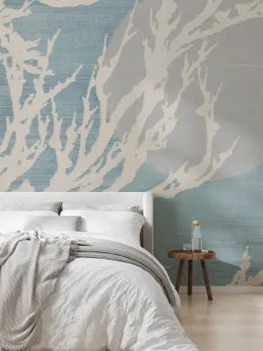 Blue Japanese Minimalist Nature Art Mural
