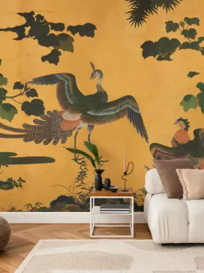 Yellow Illustrated Japanese Peacock Mural