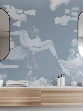 Blue Illustrated Japanese Peacock Mural