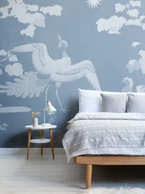 Blue Illustrated Japanese Peacock Mural