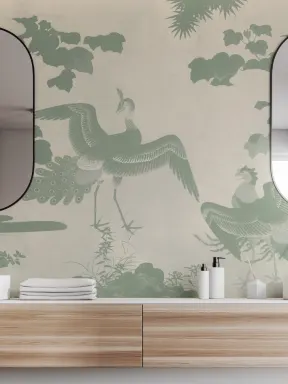 Green Illustrated Japanese Peacock Mural