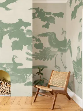 Papier peint panoramique du paon japonais illustré en vert