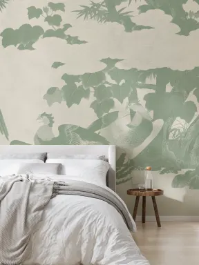 Green Illustrated Japanese Peacock Mural