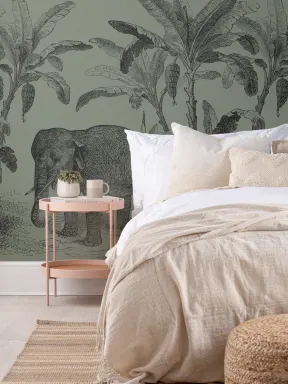 Green Vintage Elephant Mural
