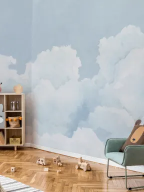 Papier Peint Panoramique Ciel Bleu avec Nuages à l’Aquarelle