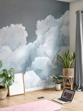 Papier Peint Panoramique à l’Aquarelle avec Ciel Bleu Nuit et Nuages